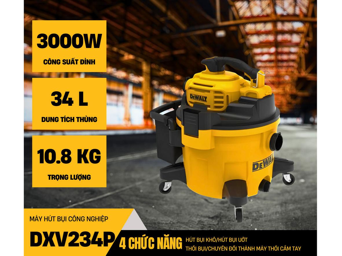 DXV234P dùng motor 3000W và bình chứa 34L cho công việc vệ sinh cường độ cao.