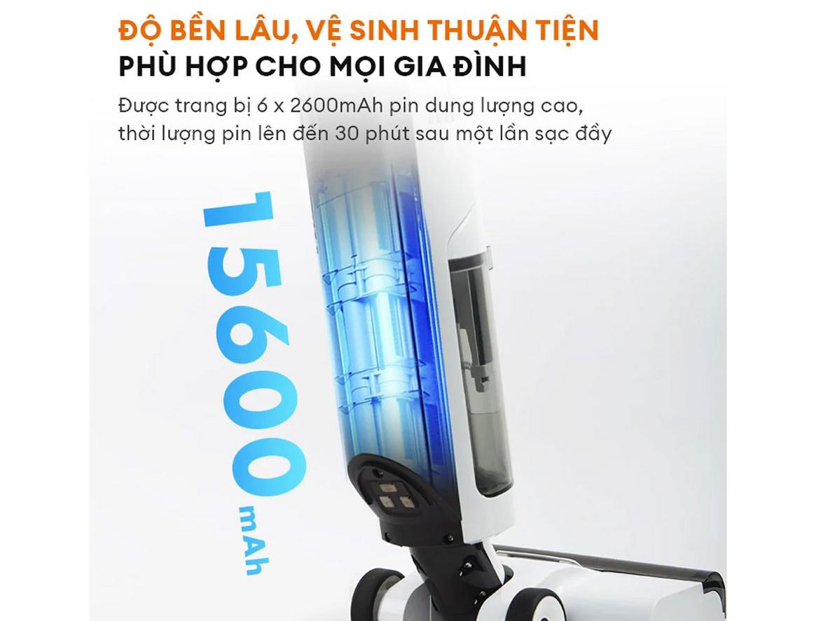 Máy hút bụi lau nhà Gaabor VCF8T-WH01A màu trắng, đi kèm đầu lau và đế sạc, phù hợp dọn sàn nhanh mỗi ngày.