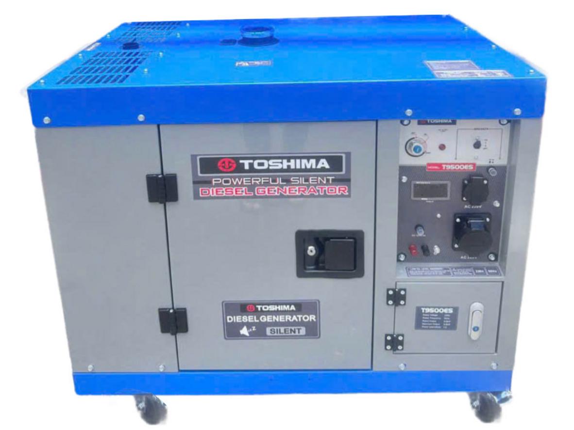 Máy phát điện chạy dầu Toshima T9500ES (8KW) với vỏ cách âm và khởi động đề nổ tiện dùng.