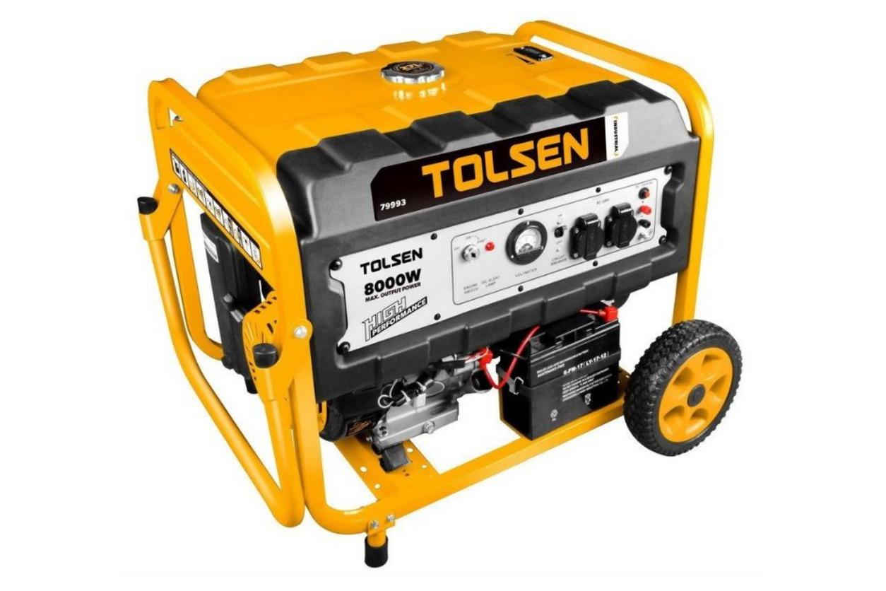 Máy phát điện chạy xăng Tolsen 79993 7.500W phù hợp cho điện dự phòng gia đình, cửa hàng và công trình nhỏ.