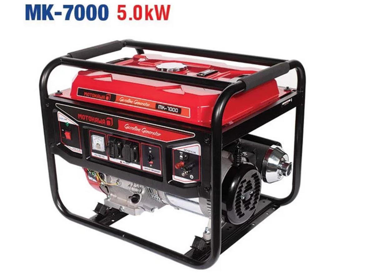 Motokawa MK-7000 5KW với động cơ 13HP OHV 4 thì và điện áp 220V - 50Hz.