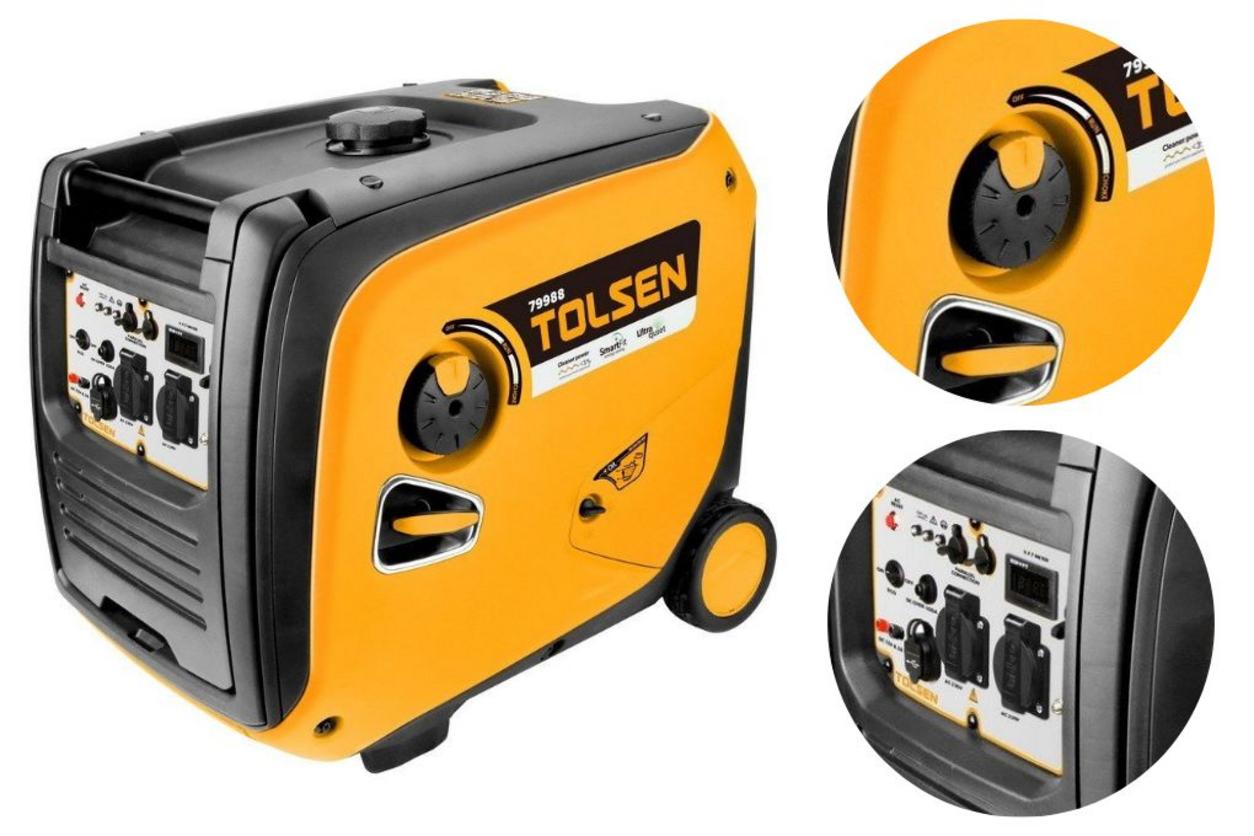 Thông số kỹ thuật máy phát điện chạy xăng Tolsen 79988 3500W: 3500W, 4000W, 225cc và độ ồn dưới 64dB.
