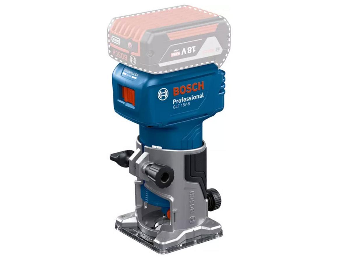 Bosch GLF 18V-8 gọn nhẹ 1,1 kg, phù hợp phay cạnh và tạo rãnh trong xưởng mộc.