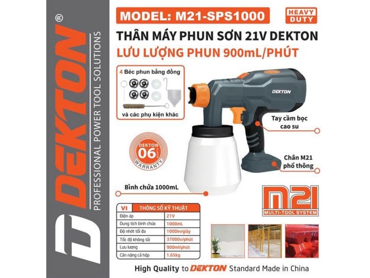 Máy phun sơn Dekton M21-SPS1000 (chưa pin, sạc) gọn nhẹ, không dây, phù hợp thi công dân dụng.