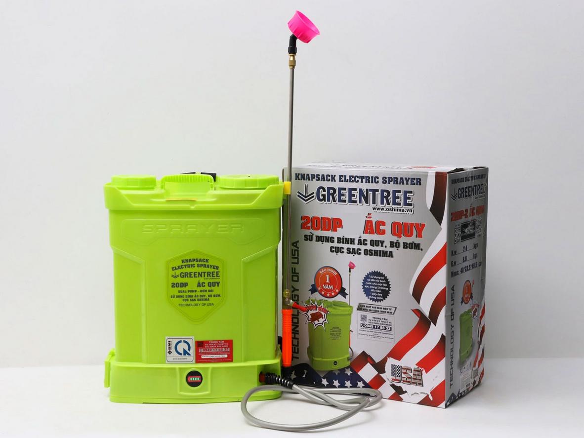 Greentree 20DP bình 20 lít, dùng ắc quy 12V - 12Ah, tối ưu cho nhu cầu phun định kỳ.