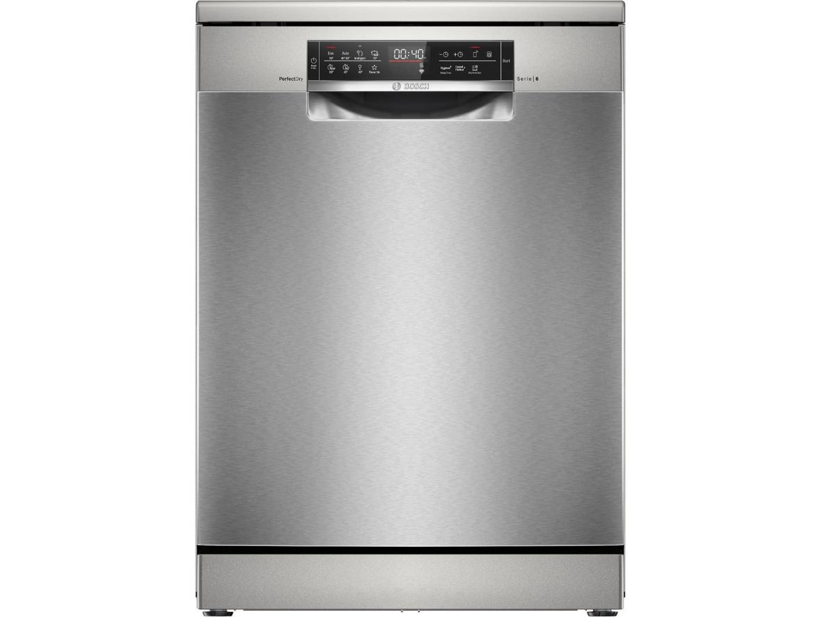 Máy rửa bát 14 bộ Bosch SMS6ZCI01P nổi bật với thiết kế inox sang trọng và kiểu lắp đặt độc lập.