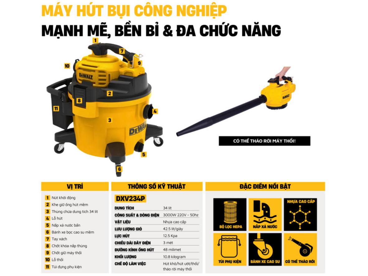 Motor công nghiệp 3000W giúp DXV234P hút mạnh và ổn định trong môi trường làm việc nặng.