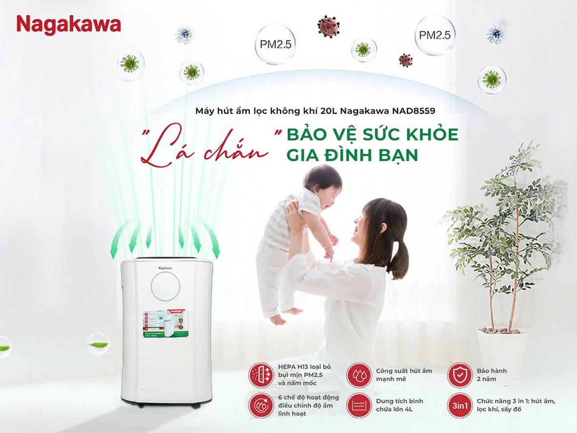 Nagakawa NAD8559 20 lít: hút ẩm, lọc bụi mịn HEPA H13 và sấy quần áo trong một máy.
