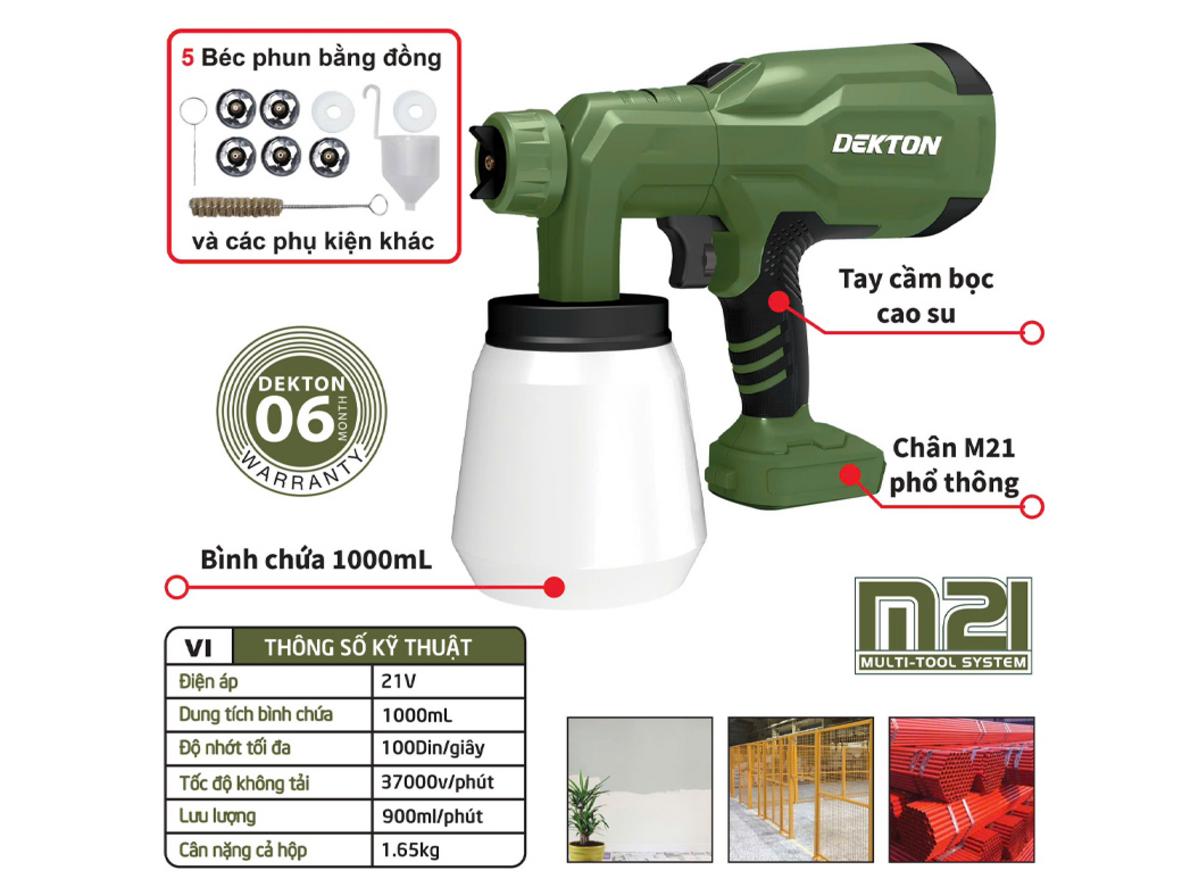 Máy phun sơn Dekton M21-SPS1000X dùng pin 21V M21, phù hợp cho người đã có sẵn pin/sạc cùng hệ.