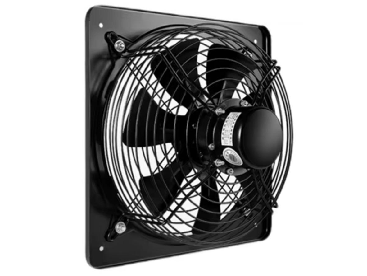 Chi tiết quạt thông gió vuông FD350 với lưới bảo vệ hai mặt và thiết kế lắp gọn trên tường.