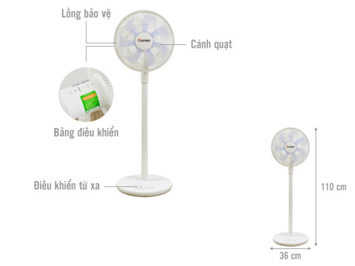 Động cơ DC 30W và pin 6000mAh giúp Rapido RBF-30 phù hợp dùng trong phòng ngủ và khi mất điện.