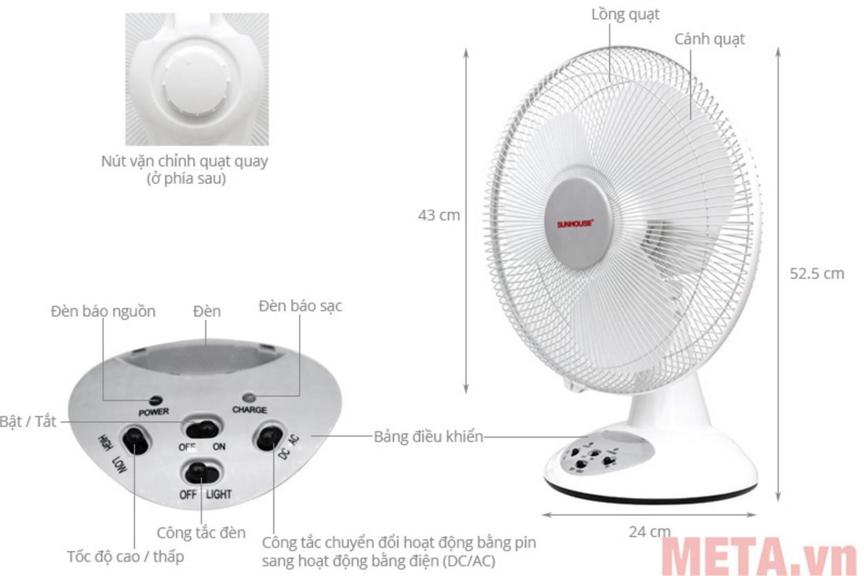Chi tiết motor bạc thau, ắc quy khô 6V - 7.0Ah và thân nhựa ABS của quạt tích điện Sunhouse SH722.