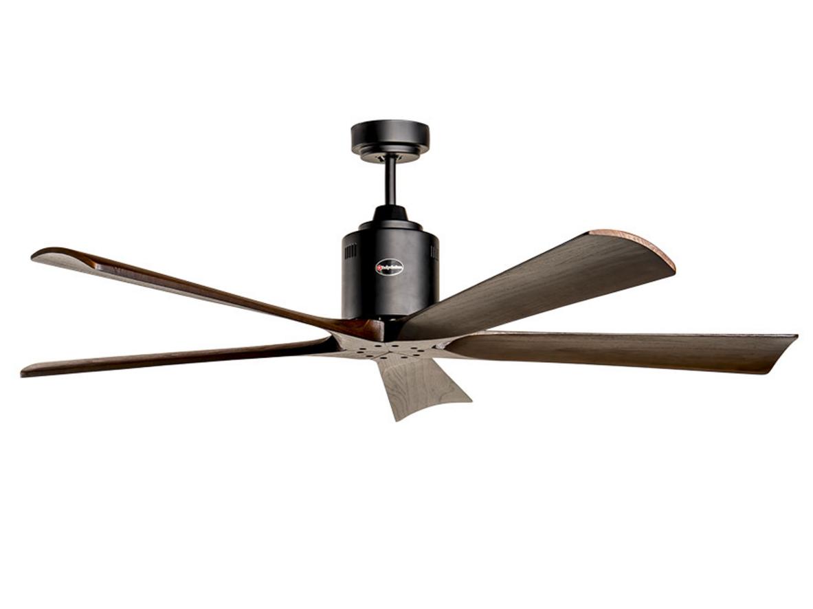 Quạt trần Kaiyokukan Shiga 011 BK nổi bật với thân đen mờ và cánh gỗ tự nhiên 152cm.