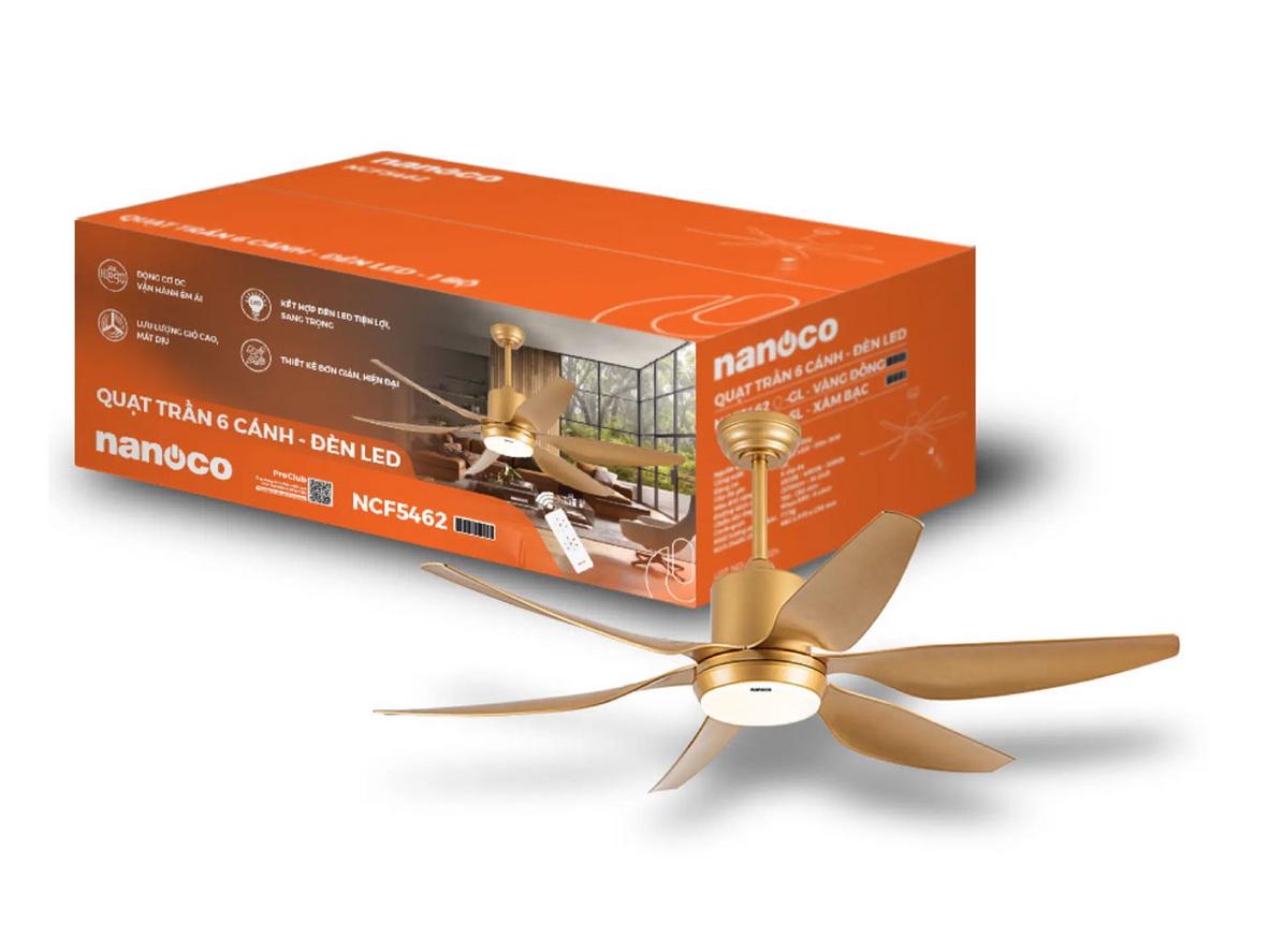 Động cơ DC, đèn LED 3 chế độ và 6 cánh ABS là điểm nổi bật của Nanoco NCF5462-GL.