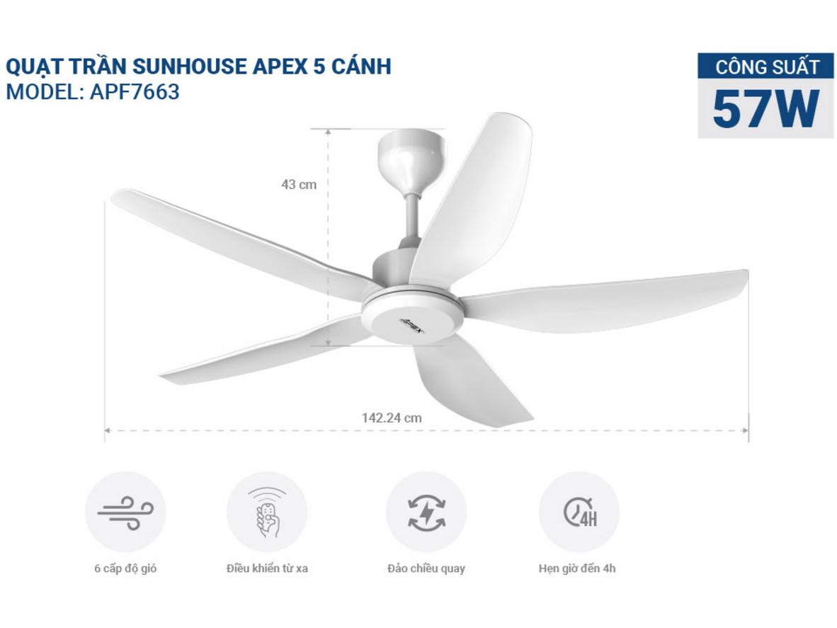 APF7663 nổi bật với động cơ DC 57W, 6 cấp độ gió và chế độ đảo chiều 4 mùa.