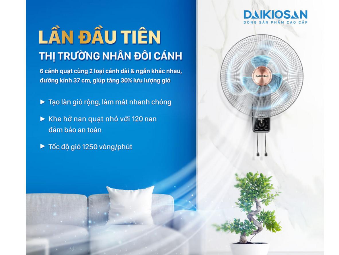 Quạt treo tường lifestyle Daikiosan DQ120 55W phù hợp phòng khách, phòng ngủ và cửa hàng nhỏ.