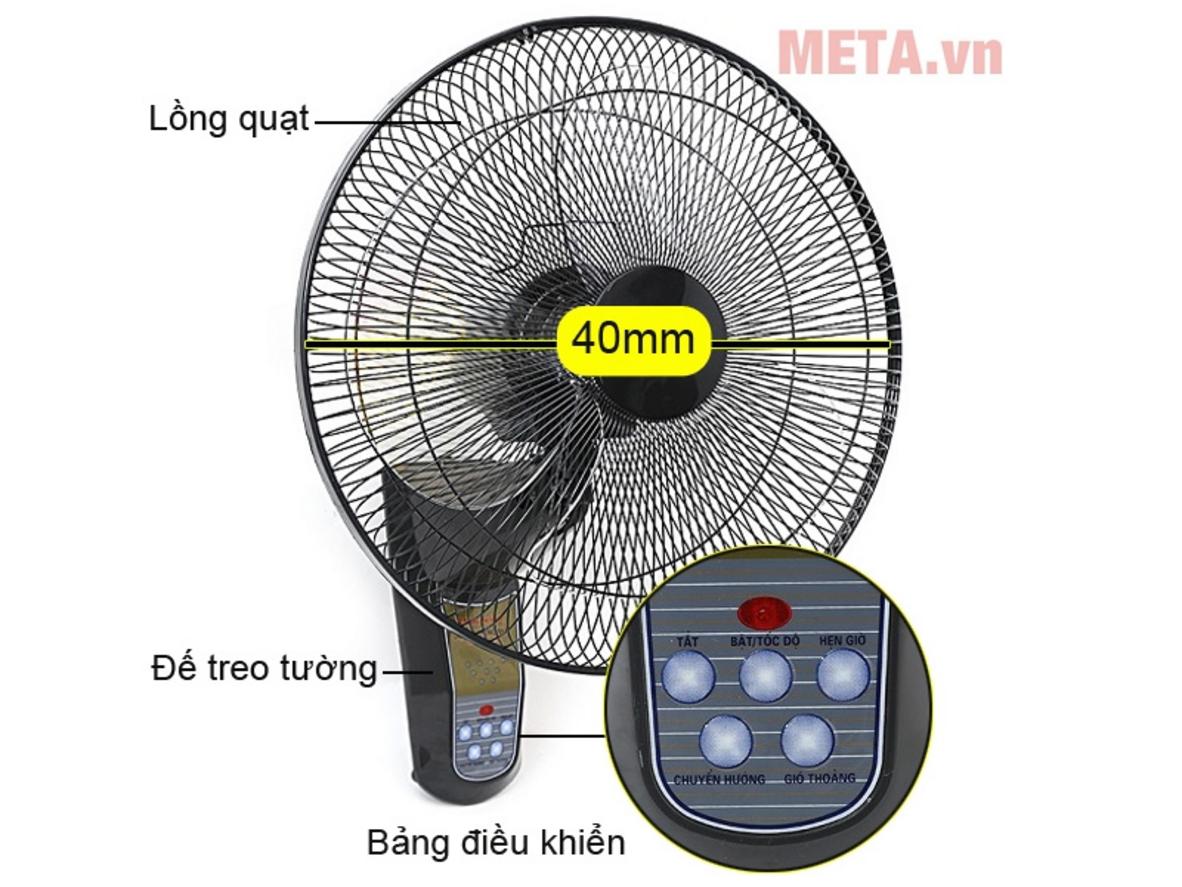 Quạt treo tường Vinawind 400X-HĐ có sải cánh 40cm, công suất 46W-50W và remote điều khiển từ xa.