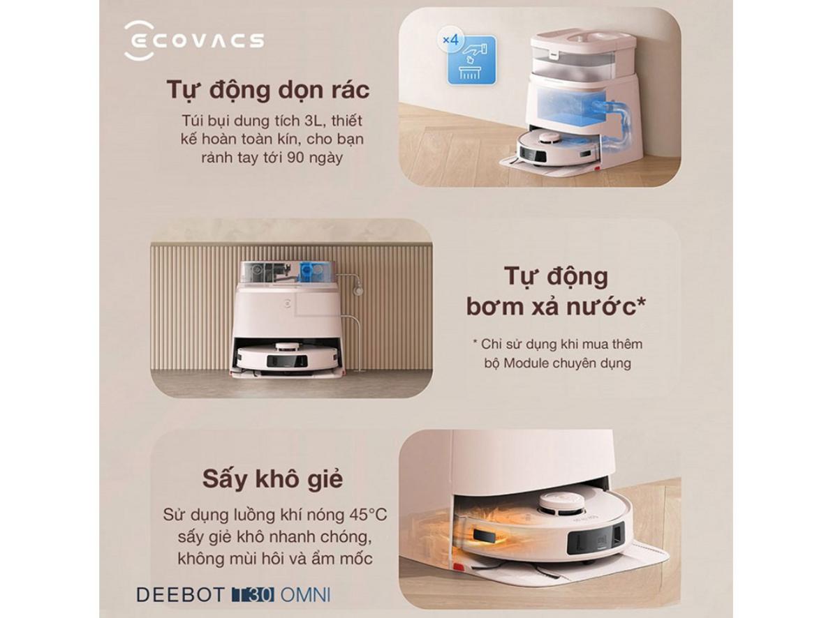 Robot hút bụi lau nhà Ecovacs Deebot T30 Omni với trạm OMNI đa chức năng, phù hợp không gian gia đình hiện đại.