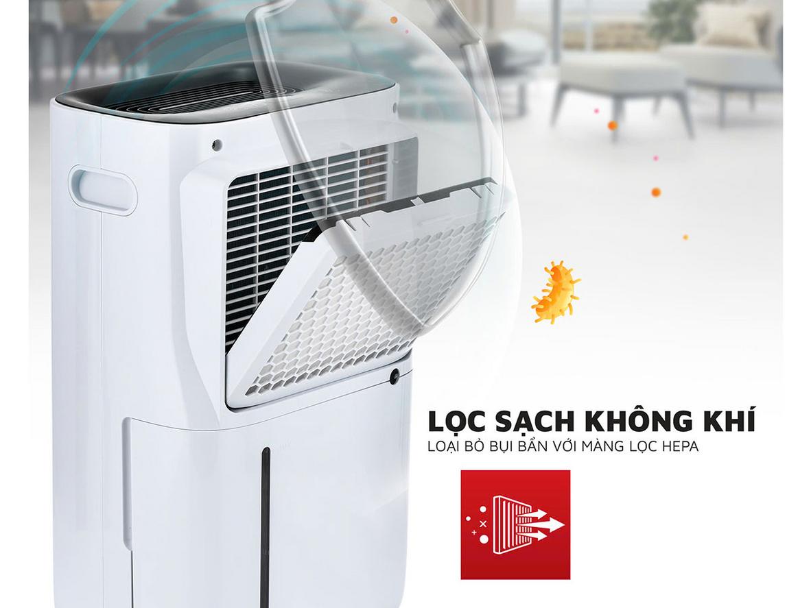 Công suất hút ẩm 25 lít/ngày, công suất 420W phù hợp phòng 25–35m²