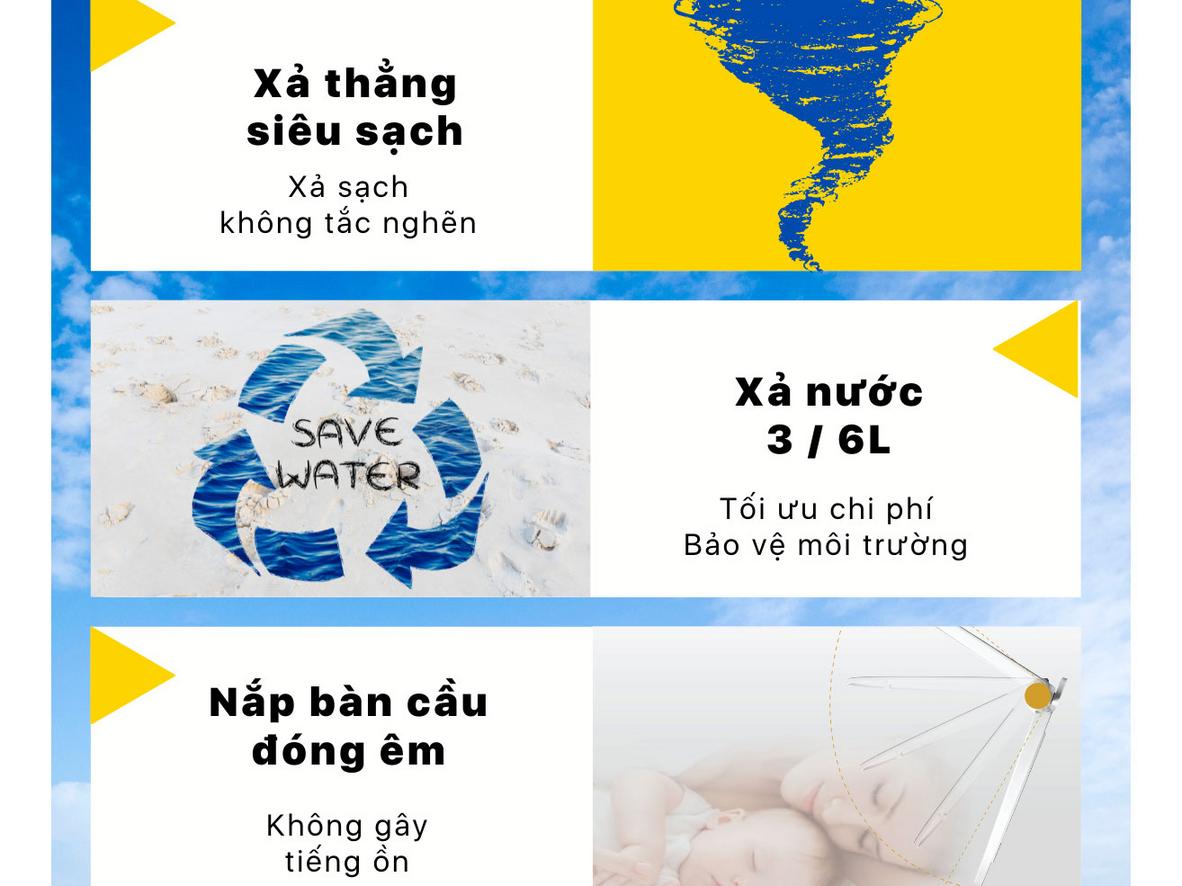 Xả Aqua Jet và nút nhấn 3/6L giúp Caesar CD1338 tiết kiệm nước hiệu quả.
